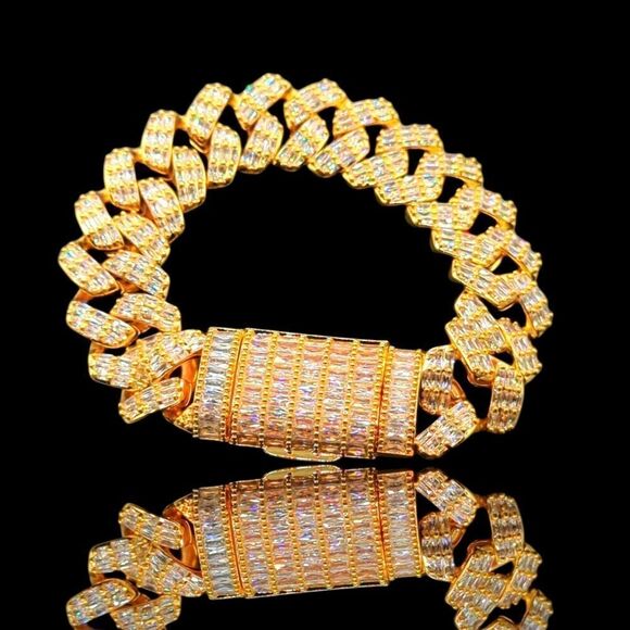 8inch x 20mm 14K Gold Finish Miami Cuban Baguette CZ Bracelet. - Picture 1 of 13